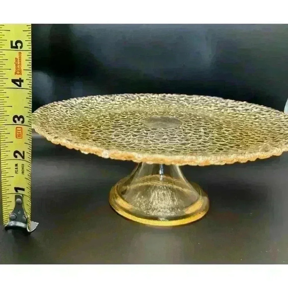 Vetropuro Gold Amber Glass 8 1/4” Diameter Pedestal Textured Dessert Stand Plate - Picture 3 of 9